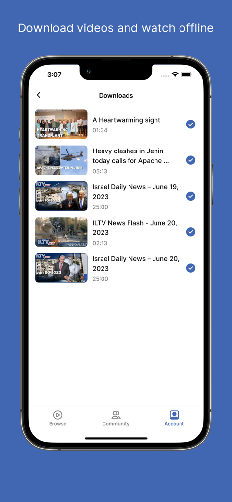 ILTV News app screen displaying downloaded news videos for offline viewing