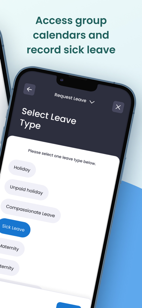 A smartphone screen showing the edays app leave request interface with options to select leave types like holiday and sick leave