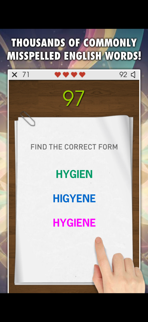 Spelling Master PRO 모바일 앱에서 위생의 올바른 철자를 선택하는 손