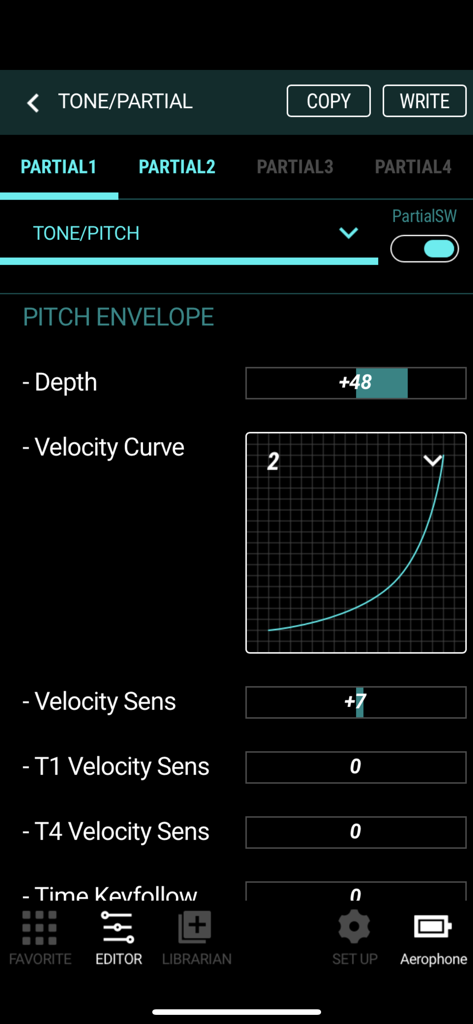 Interface de edição de envelope de pitch e curva de velocidade no aplicativo Aerophone Pro Editor para instrumentos de sopro digitais Roland