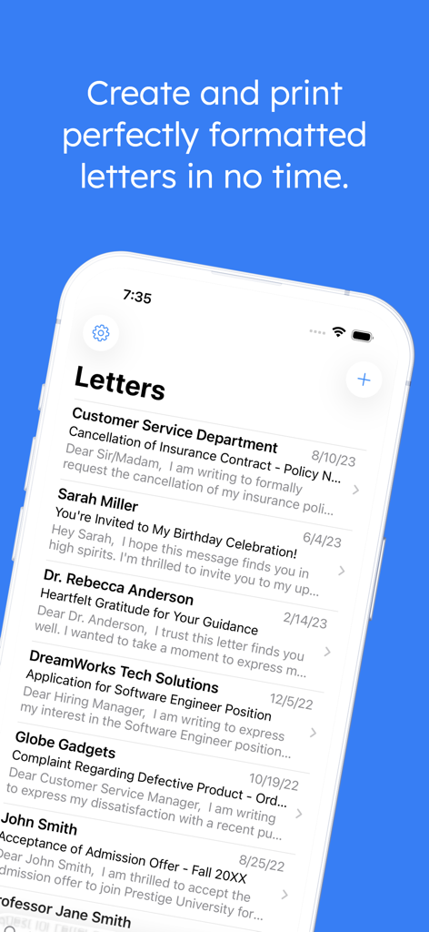 Letter: just write letters - Pantalla de iPhone mostrando una lista de cartas formales con formato profesional en la app Letter