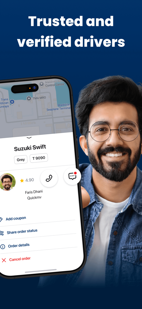 Quick Mv: Maldives Taxi, Male - Quick Mv taxi app interface showing a verified driver profile and vehicle details in Male Maldives