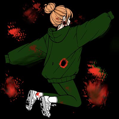 realistic girl jumping with a bun and oversized sweatshirt