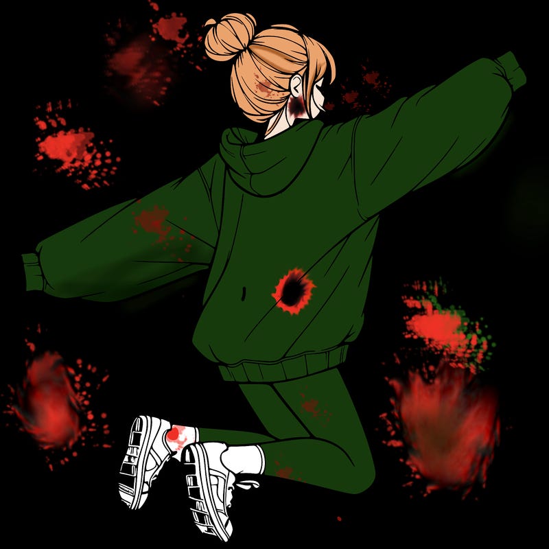 realistic girl jumping with a bun and oversized sweatshirt
