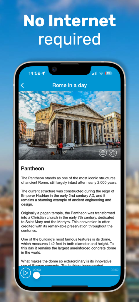 Rome travel guide app showing Pantheon landmark details with no internet required headline