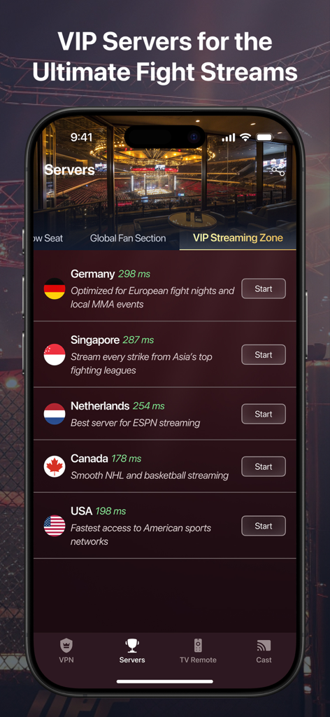 FightNet VPN - Interfaz de la aplicación móvil FightNet VPN mostrando una lista de servidores VIP optimizados para streaming deportivo en diferentes países como EE. UU., Canadá y Alemania