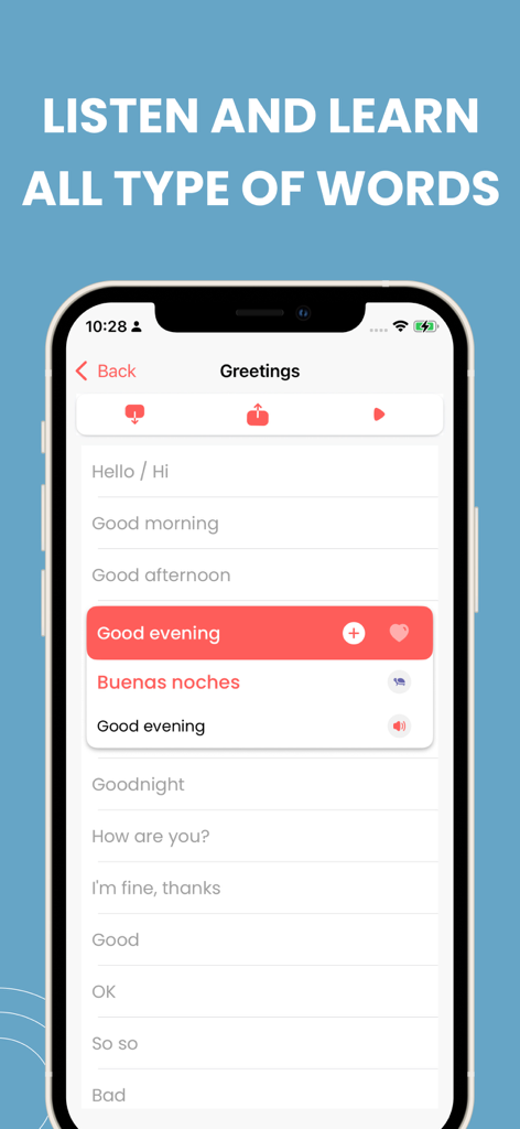 Learn Spanish (Latin American) - Learn Spanish app screen showing greeting phrases like Buenas noches with audio playback options
