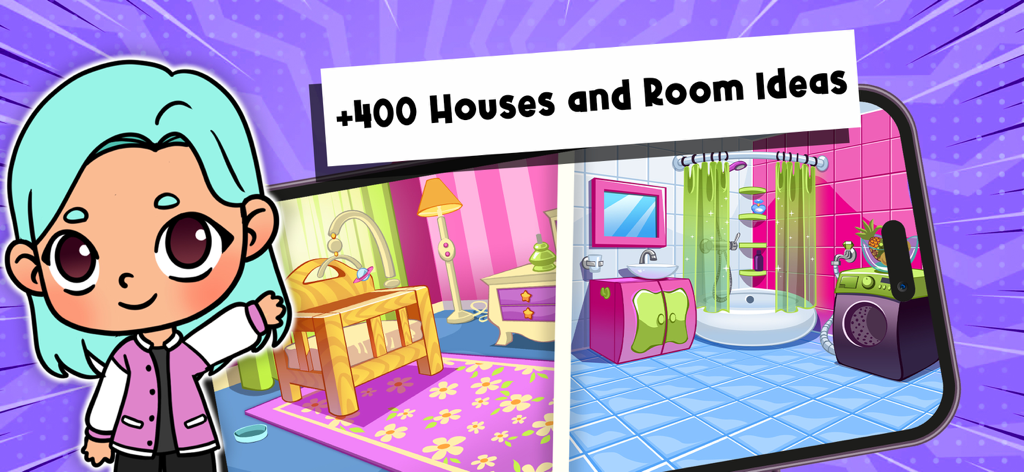 PlayWorld: Create Your Story - A cartoon character with blue hair next to a phone screen displaying colorful bedroom and bathroom interior designs
