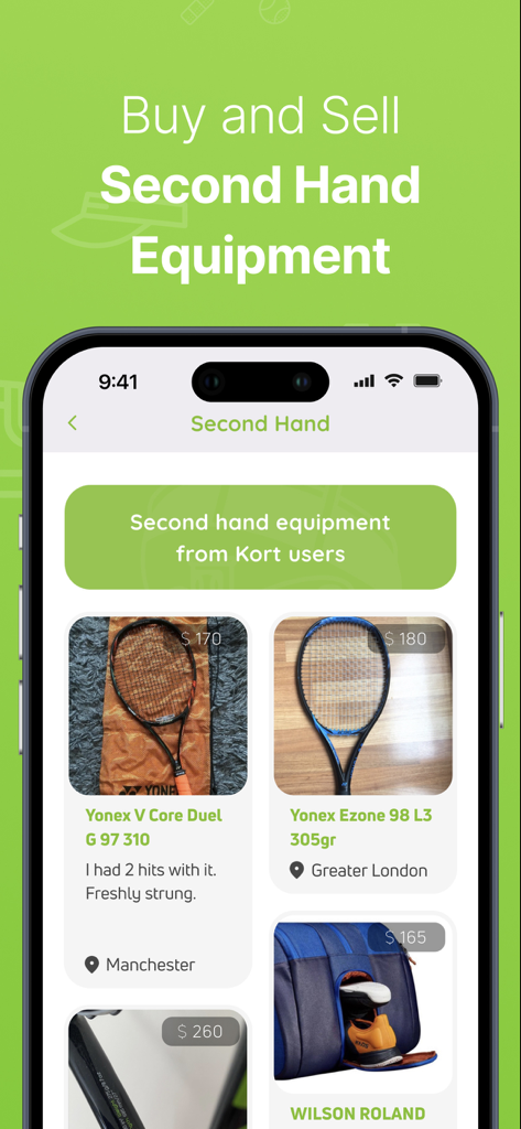 A marketplace for buying and selling second hand tennis equipment on the Kort app