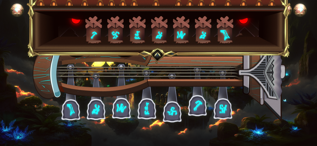 i Legendary Instruments - A mystical wooden string instrument with seven glowing blue symbols and a fantasy landscape background