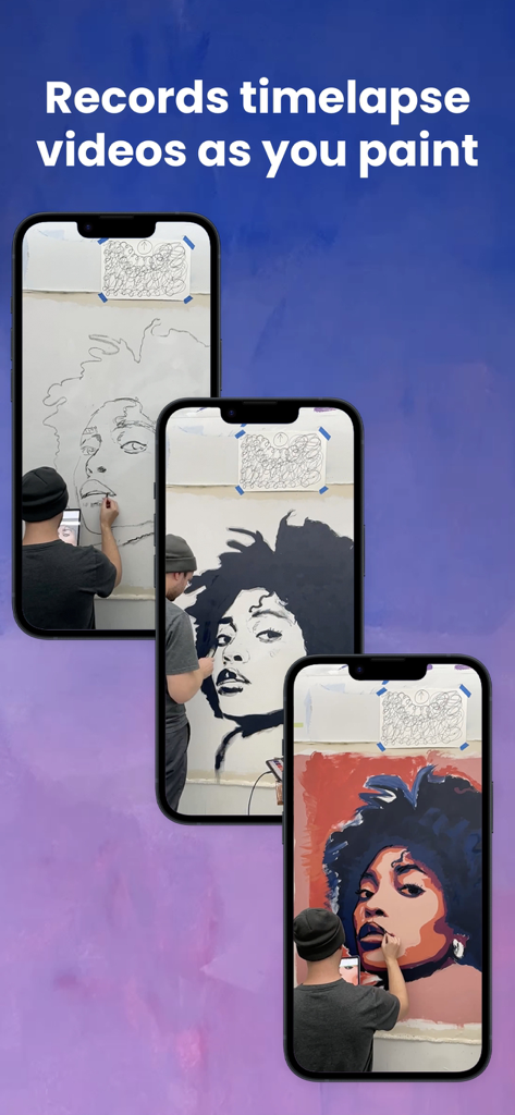 Three smartphones showing the progression of a mural painting using the Mural Maker app timelapse feature
