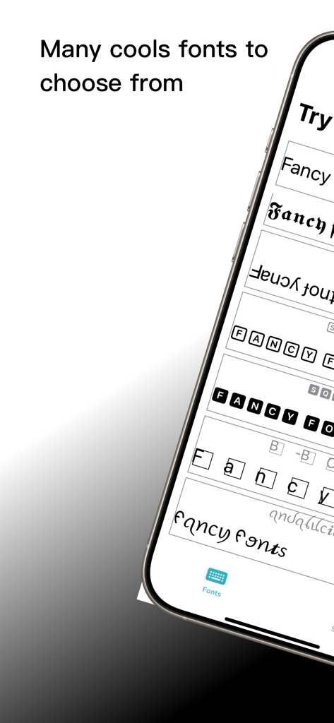 Una pantalla de aplicación móvil que muestra diferentes estilos de fuentes estéticas para redes sociales.