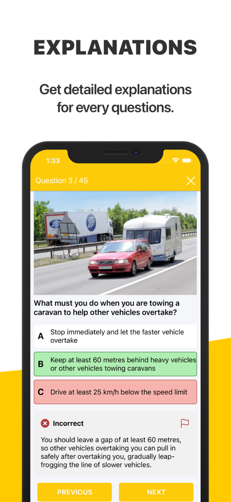 Learner Permit Test Victoria app practice question with a detailed explanation for a towing caravan rule