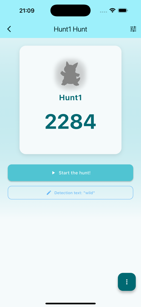 Auto Shiny Counter - Interface of the Auto Shiny Counter app showing a hunt in progress with 2284 encounters recorded for a wild pokemon