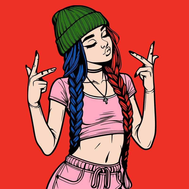 realistic teenage girl with braids and a beanie and crop top doing 🫶🏼