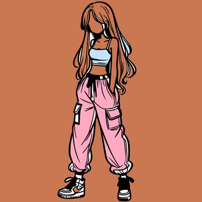 girl in baggy pants crop top and long hair