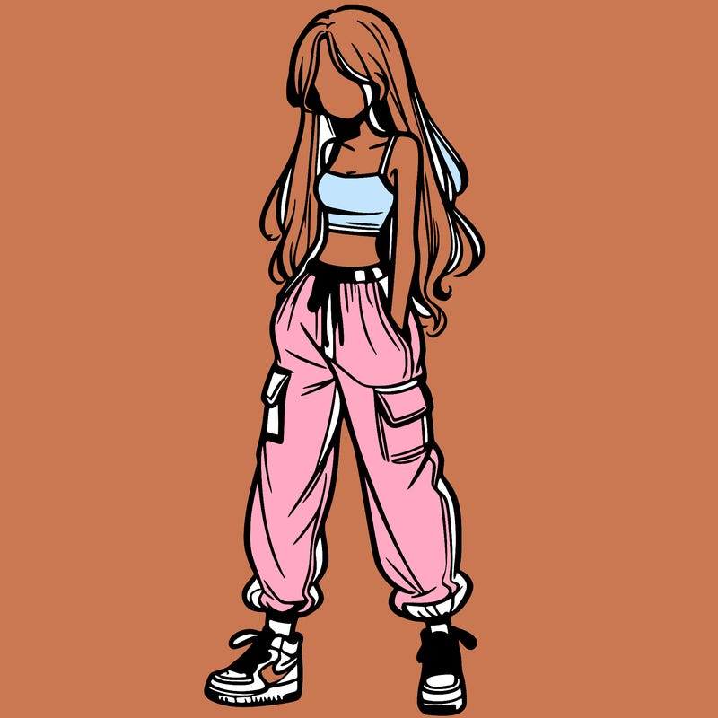girl in baggy pants crop top and long hair