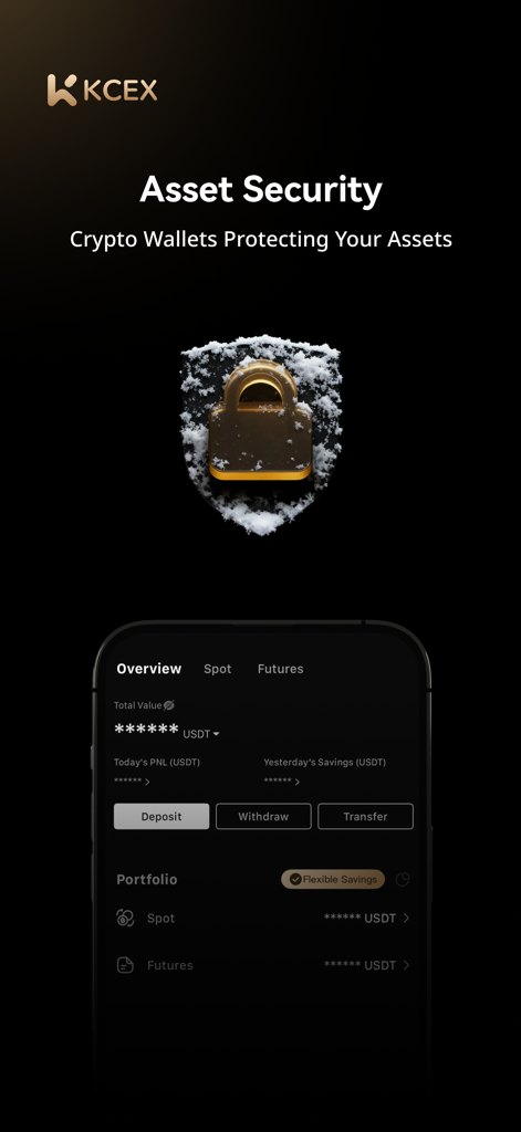 KCEX: The Lowest Crypto Fees - KCEX mobile app interface highlighting crypto asset security and cold storage wallet protection