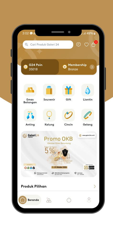 The home screen of the Galeri 24 mobile app displaying gold and jewelry shopping categories.