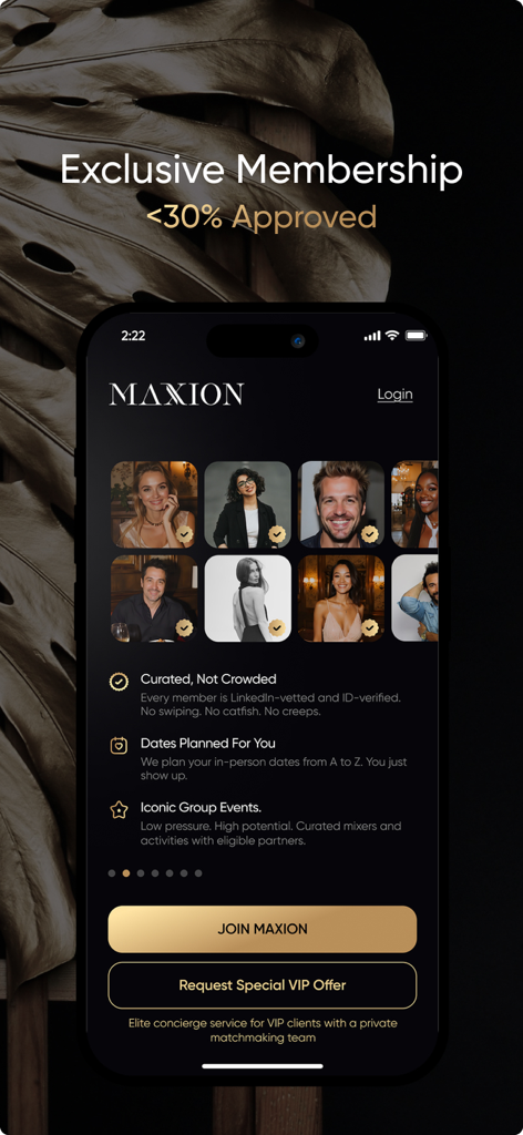 Interfaz de la aplicación de citas exclusiva MAXION que muestra detalles de membresía exclusiva y perfiles de citas seleccionados para expatriados en Dubái.