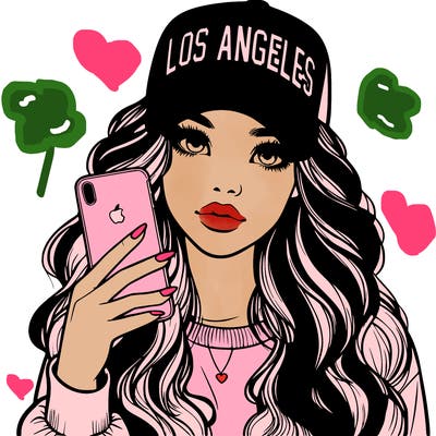 realistic beautiful girl wearing los ángeles cap holding an iphone