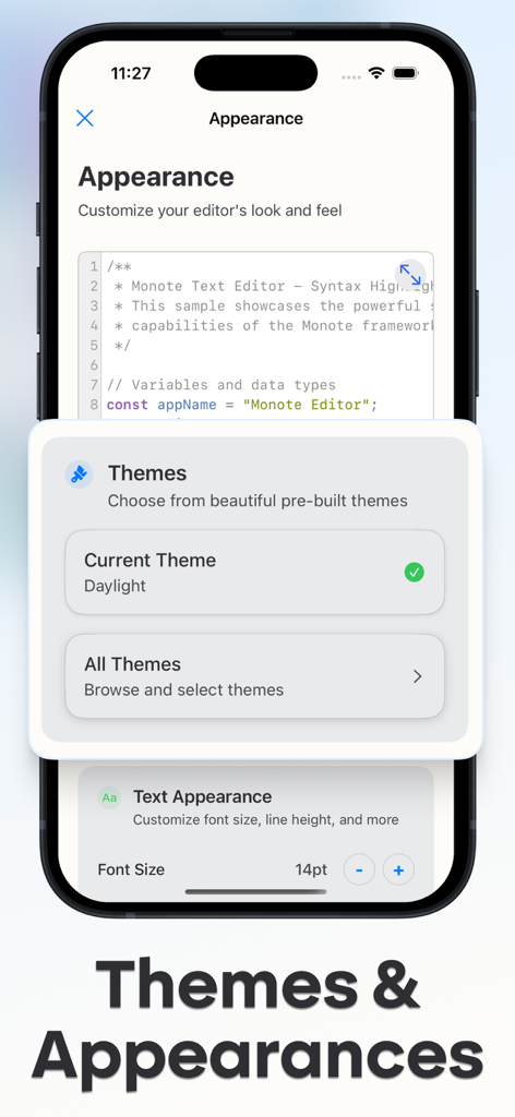 Monote: Text Edit - Editor - Appearance settings screen in Monote showing theme selection and text customization options