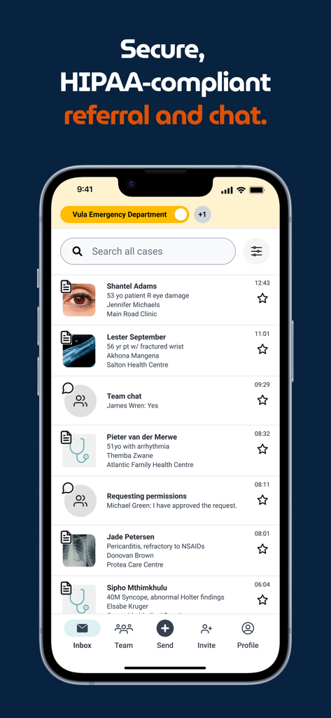 Vula Medical Referral - Pantalla de la aplicación Vula Medical Referral mostrando la bandeja de entrada con múltiples casos de pacientes y mensajería segura compatible con HIPAA.