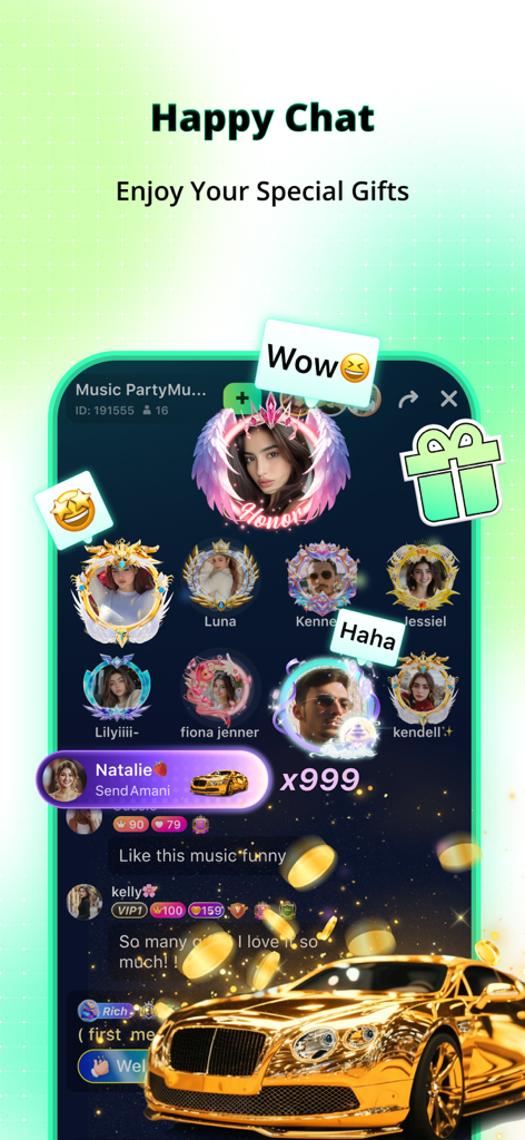 Hiyoo - Podcast & Voice Party - Hiyoo app interface showing a voice party room with avatars and virtual gifts like gold coins and a luxury car