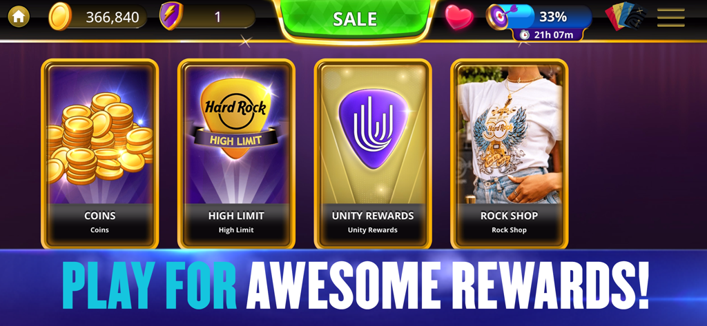 Hard Rock Jackpot Casino - Hard Rock Jackpot Casino-Prämienmenü mit Optionen für Münzen und Unity-Prämien