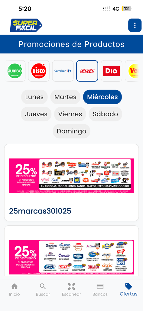 SuperFacil - SuperFacilモバイルアプリ画面に、アルゼンチンのスーパーマーケット向けの製品プロモーションと25パーセント割引が曜日ごとに整理されて表示されています。