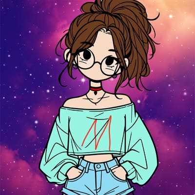 girl with a messy ponytail glasses a baggy crop top and jean shorts