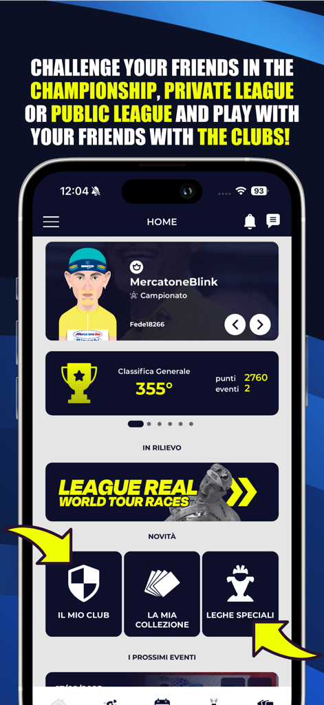 Fantacycling - Fantacycling mobile app home dashboard displaying user rankings and game modes like championships and leagues.