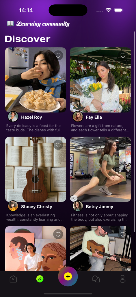 A mobile app interface displaying a Discover feed with various user profiles featuring photos and lifestyle updates
