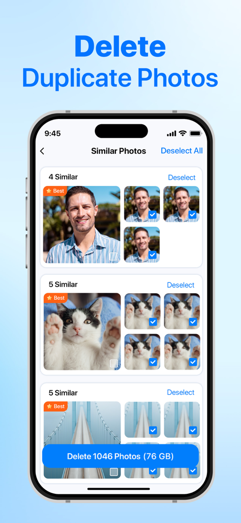 AI Cleaner app interface showing groups of similar photos and a button to delete duplicates and free up storage space.
