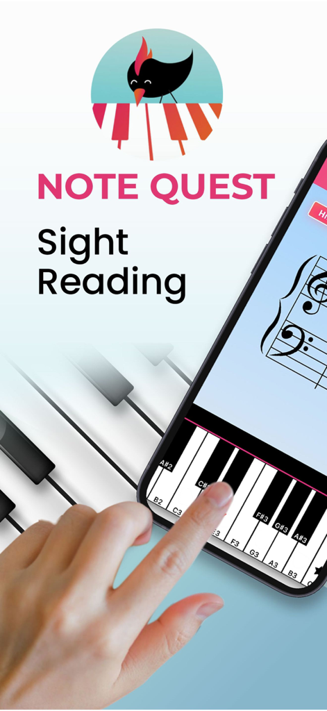 Aplicación Note Quest que muestra la práctica de lectura de piano a primera vista en un teclado virtual