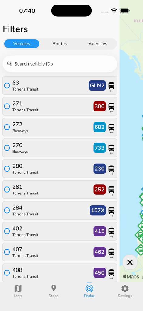 Adelaide Metro: Should I Run? - Adelaide Metro app radar screen showing a list of real-time buses and trams with route numbers