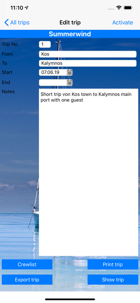 La pantalla Editar Viaje de la aplicación Skippers Log que muestra los detalles del viaje náutico como la salida y el destino