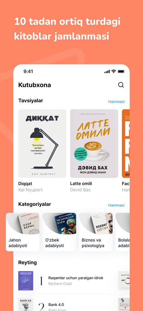 Asaxiy Books - Interfaccia dell'app Asaxiy Books che mostra la libreria con raccomandazioni di libri e categorie in lingua uzbeka