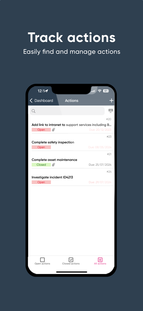 Tableau de bord mobile d'Ideagen EHS Core montrant une liste de tâches de sécurité avec des indicateurs d'état et des dates d'échéance
