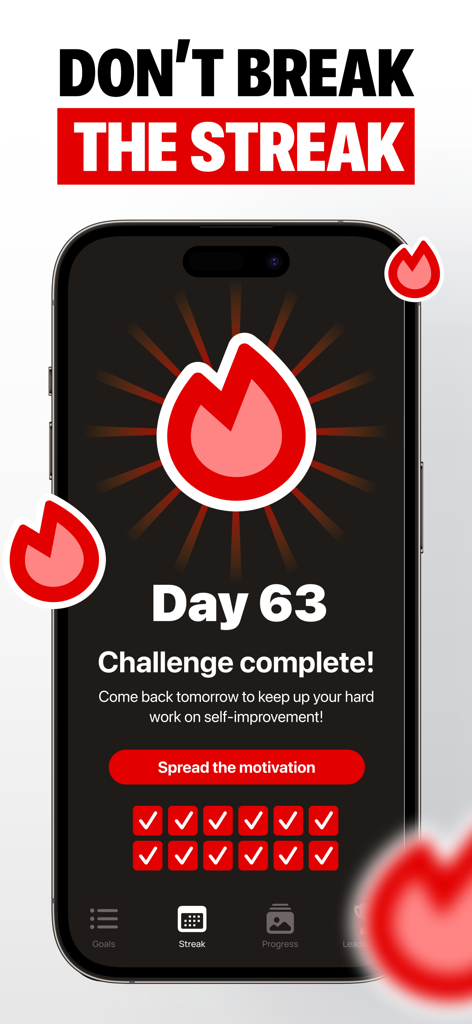 75 Day Challenge app interface showing a 63-day streak with red checkmarks and fire icon.