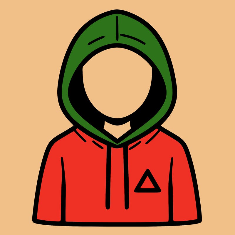 a person with non face waering a hoodie with a small triangle symbol