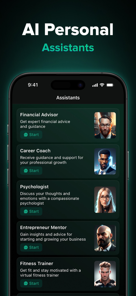ChatPod - AI Chatbot Assistant - ChatPod app interface displaying a list of AI personal assistants including Financial Advisor Career Coach and Psychologist