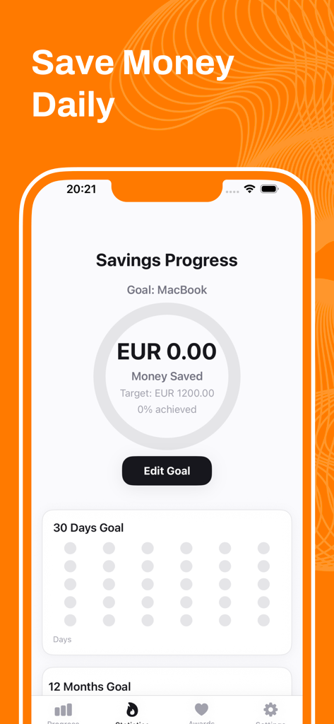 Snus Quit Tracker - Savings progress dashboard in the Snus Quit Tracker app showing a financial goal to quit nicotine pouches.