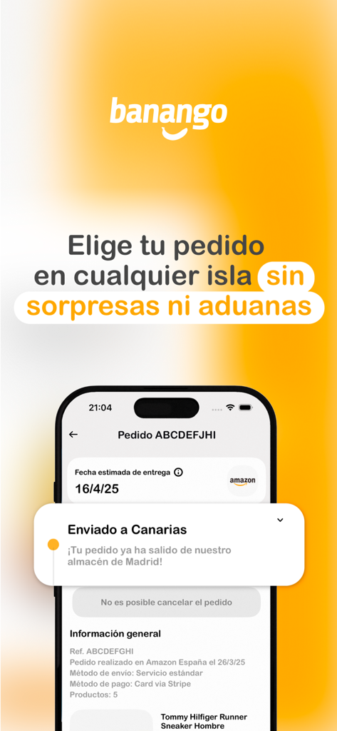 Interfaz de la app Banango mostrando una notificación de entrega para un pedido enviado a las Islas Canarias