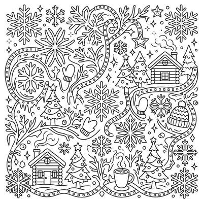 Step into a charming LED-outlined winter wonderland with this delightful coloring page. Discover cozy cabins, sparkling snowflakes, and warm beverages waiting for your creative touch.