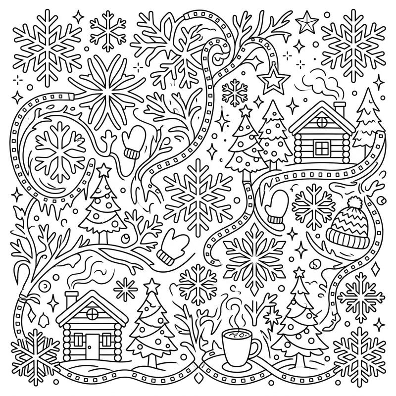 Step into a charming LED-outlined winter wonderland with this delightful coloring page. Discover cozy cabins, sparkling snowflakes, and warm beverages waiting for your creative touch.