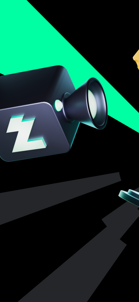 Cámara 3D con el logo de CHZZK sobre un fondo oscuro con rayas verdes