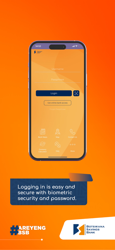 BSB - The login interface of the Botswana Savings Bank mobile app with username and password fields.