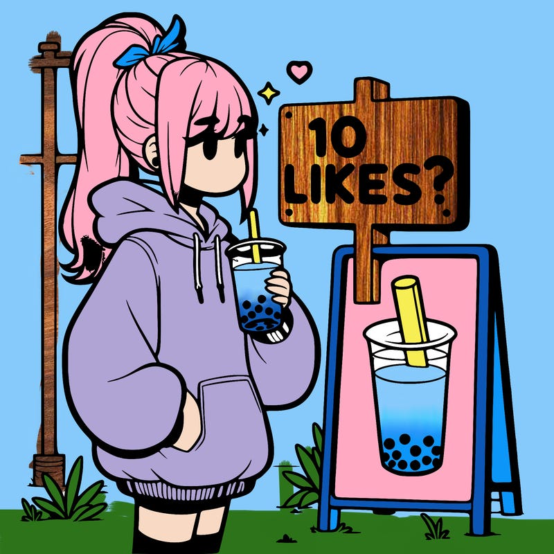 girl with oversized hoodie drinking boba and she has a high ponytail with a sign that says 10likes?