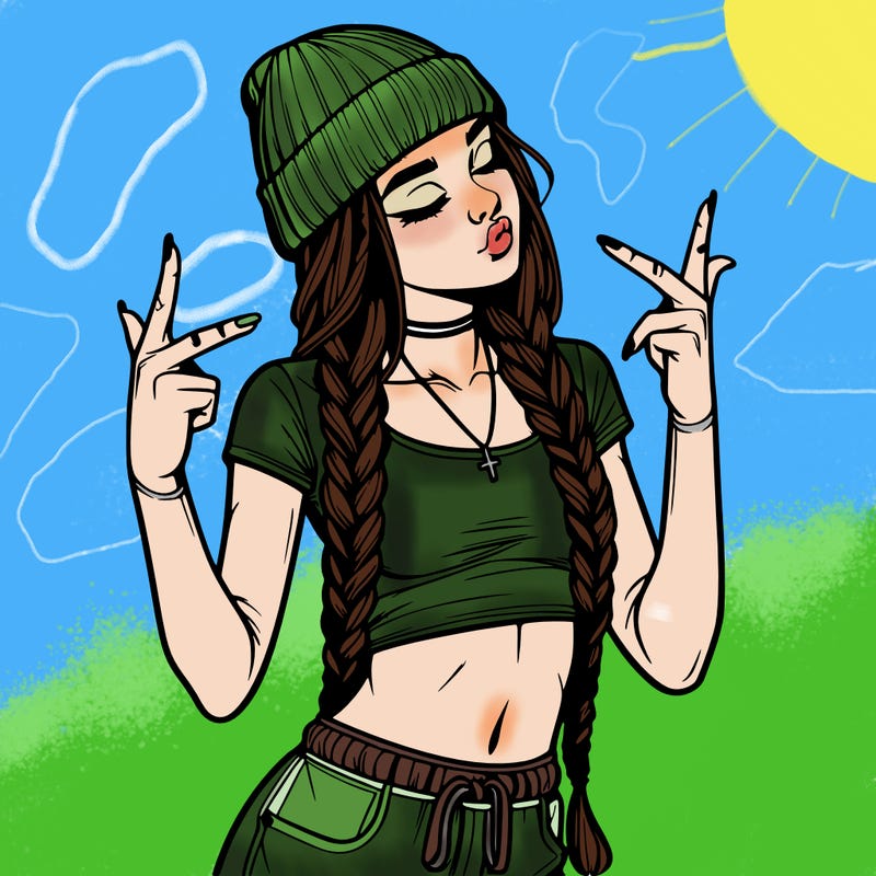 realistic teenage girl with braids and a beanie and crop top doing 🫶🏼